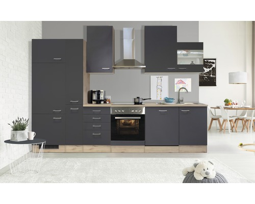 FLEX WELL Keukenblok met apparatuur Tiago basaltgrijs mat 310x60 cm Complete keuken met kasten, spoelbak en elektrische apparaten in een lichte woonkamer