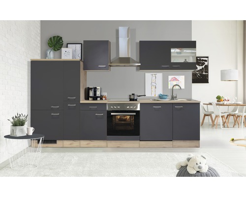FLEX WELL Keukenblok met apparatuur Tiago basaltgrijs mat 310x60 cm Moderne keuken met grijze kasten, houten werkblad en roestvrijstalen apparaten.