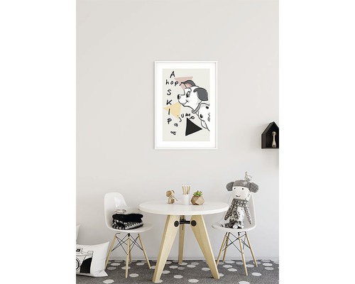 Illustratie van een hond met geometrische vormen in een kinderkamer
