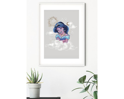 Ingelijste afbeelding met Jasmine uit Aladdin, omringd door wolken, sterren en manen