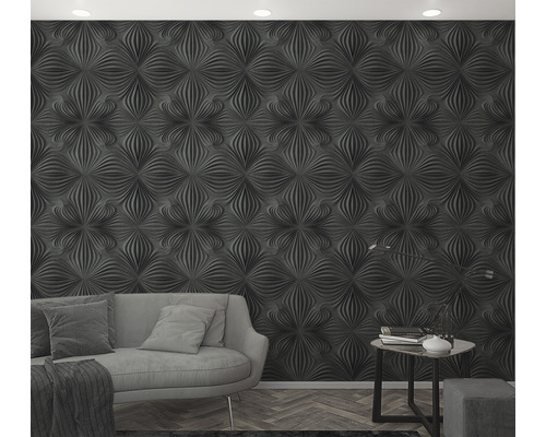 Woonkamer met driedimensionale wandbekleding en bank