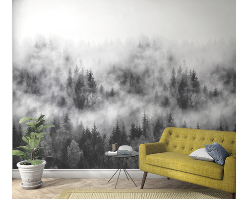 Woonkamer met fotobehang van een bos in de mist