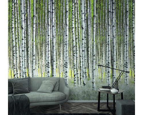 Woonkamer met fotobehang met berkenbosmotief