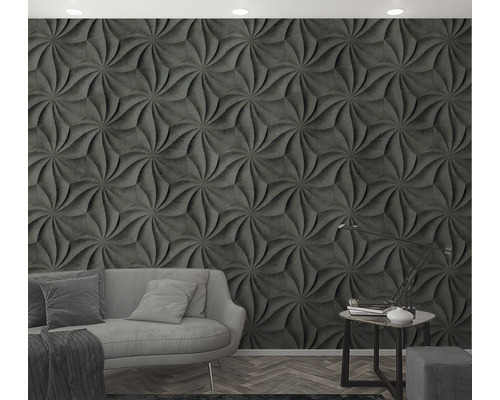 Woonkamer met bank, tafellamp en wandpanelen met driedimensionaal geometrisch patroon