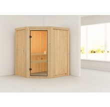 Hoeksauna van hout met glazen deur in een lichte ruimte.