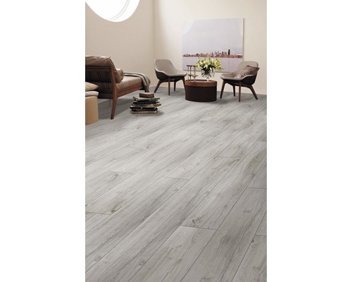 Lichte woonkamer met laminaatvloer in houtlook, bank, stoelen en decoratie