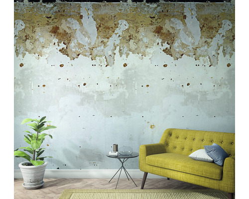 Decoratieve kamer met plant, bank en renovatiebehoevende muur