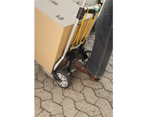 Iemand gebruikt een steekwagen om een doos te vervoeren.