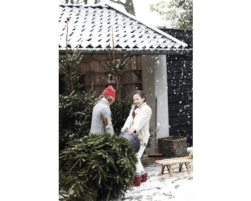 Twee kinderen vervoeren een kerstboom in de sneeuw voor een huis.