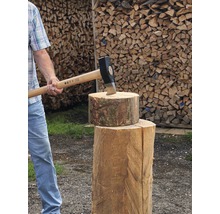 Man hakt hout met een kloofbijl op een hakblok voor een stapel hout