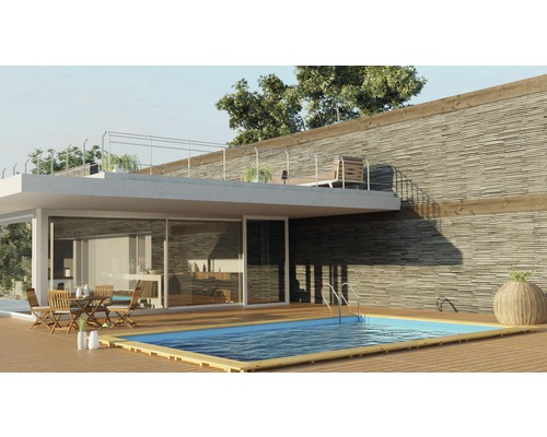 Moderne woningoverzicht met zwembad, terras met tuinmeubelen en dakterras