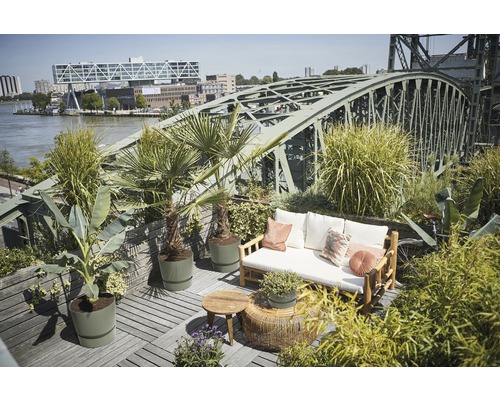 Ingerichte buitenruimte met loungemeubels en planten op een dakterras met brug op de achtergrond