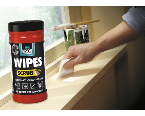 Bison reinigingsdoekjes voor handen, gereedschap en oppervlakken in gebruik