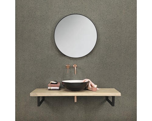 Moderne badkamer met ronde spiegel, waskom en houten plank