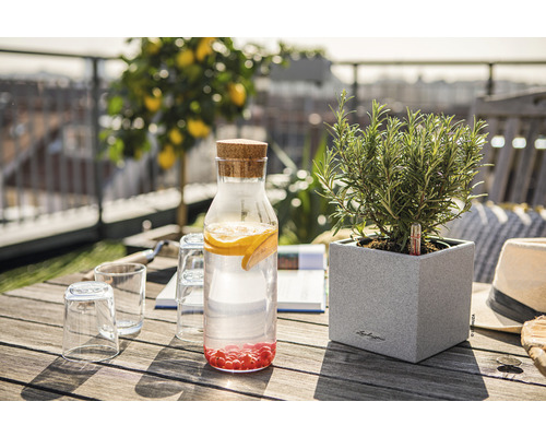 Tafereel met drankdispenser, glazen en een kruidenpot op een houten tafel in de buitenlucht