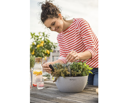 Vrouw plant kruiden in een plantenbak op een houten tafel