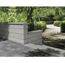 Tuinlandschap met muur van betonstenen en bestrate vloer.