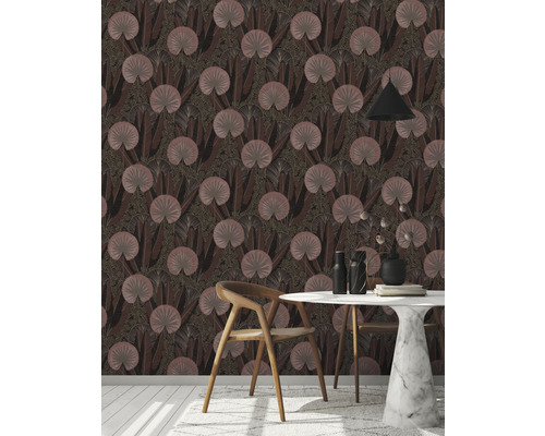 Decoratief behang met bladerpatroon en eettafelscène