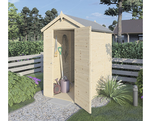 Houten tuinhuis met open deur en tuingereedschap