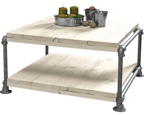Vierkante salontafel met twee houten bladen en metalen buizenframe