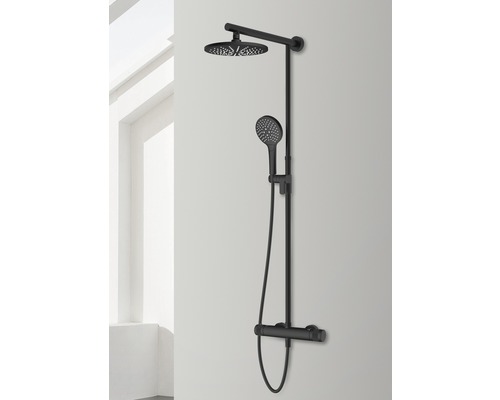 Zwarte doucheset met hoofddouche, handdouche en thermostatische kraan