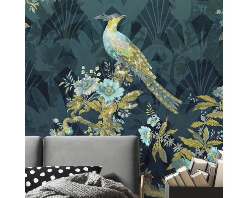 Behang met vogel- en plantmotief in de woonkamer