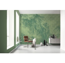 Woonkamer met groen behang met bergmotief, fauteuil en ladekast