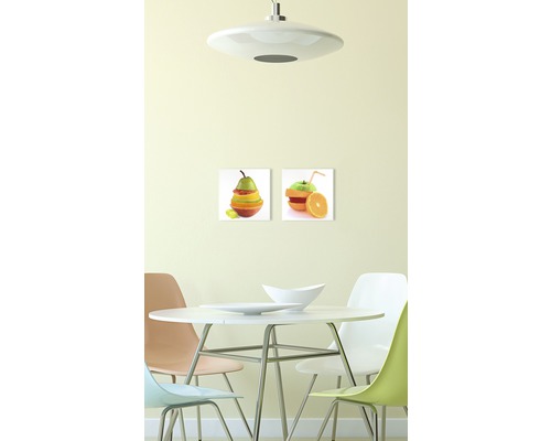 Eetkamer met eettafel, stoelen en muurafbeeldingen met fruitmotieven