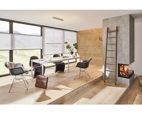 Lichte woonkamer met plisségordijnen, eettafel, stoelen en open haard