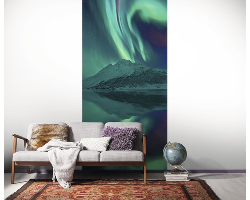 Kamer met fotobehang noorderlicht, bank, tapijt en globe