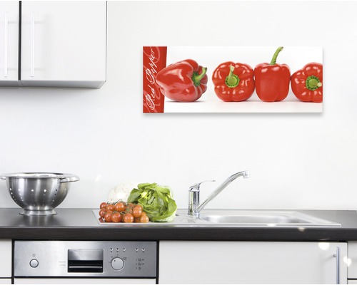 Wanddecoratie met rode paprika in moderne keuken