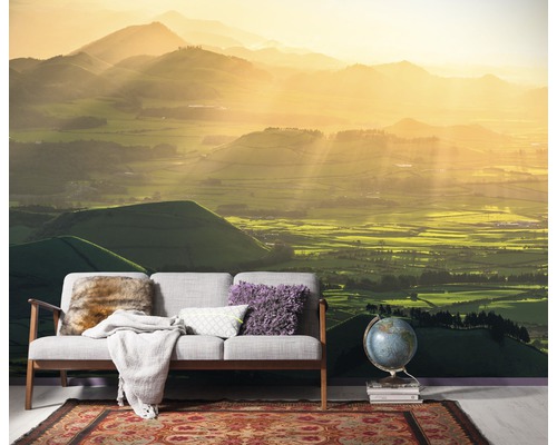 Wandafbeelding met berglandschap, bank, tapijt en globe