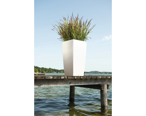Hoge, rechthoekige plantenbak met beplanting op een houten steiger aan het meer