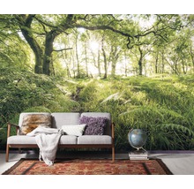 Woonkamer met een fotobehang waarop een bos met bomen en varens te zien is