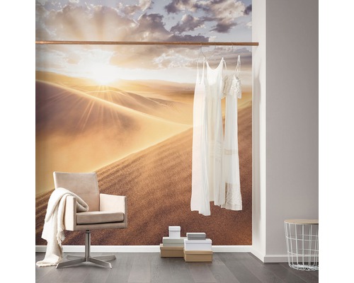 Woonkamer met woestijnbehang, kledingroede en stoel
