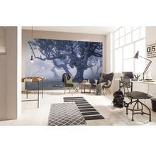 Lichte woonkamer met fotobehang, tafelvoetbal, fauteuils en bureau