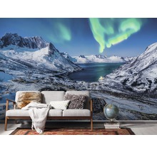 Behang met berglandschap, meer en poollicht achter een bank