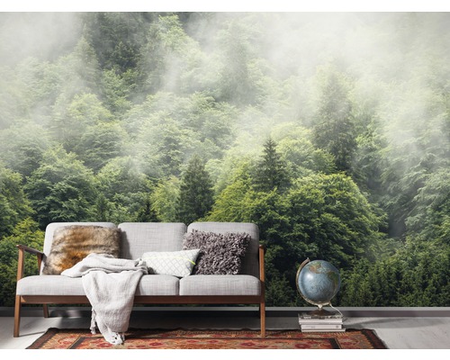 Woonkamer met fotobehang van een mistig bos en een bank
