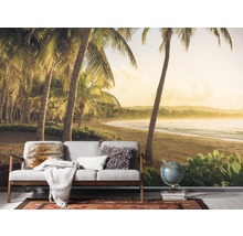 Woonkamer met fotobehang met een tropisch strand met palmbomen