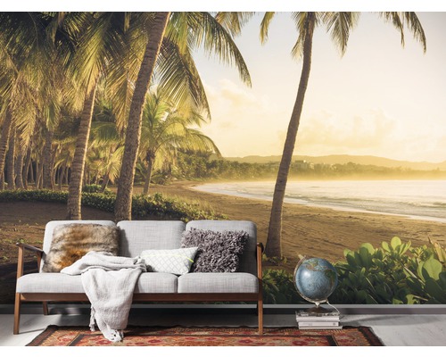 Woonkamer met fotobehang met een tropisch strand met palmbomen