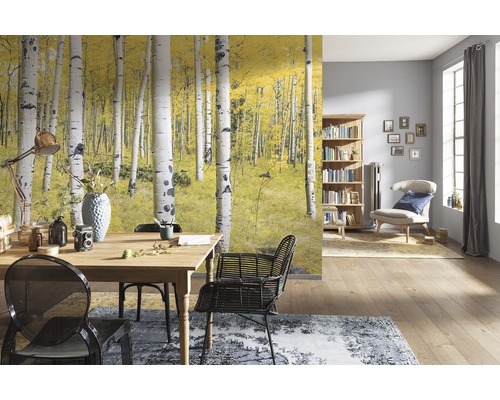 Woonkamer met fotobehang berkenbos in de herfst, eettafel en boekenkast