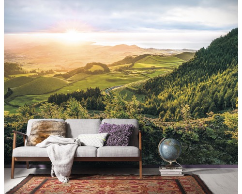 Fotobehang met landschap achter bank en globe