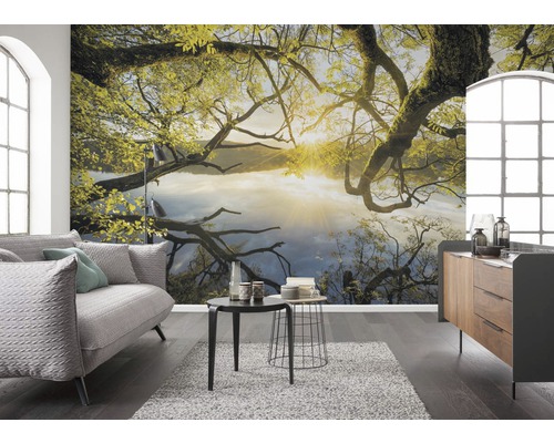 Woonkamer met fotobehang met boom- en meermotief