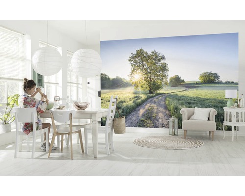 Lichte eetkamer met foto van een landelijk tafereel met boom en landweg