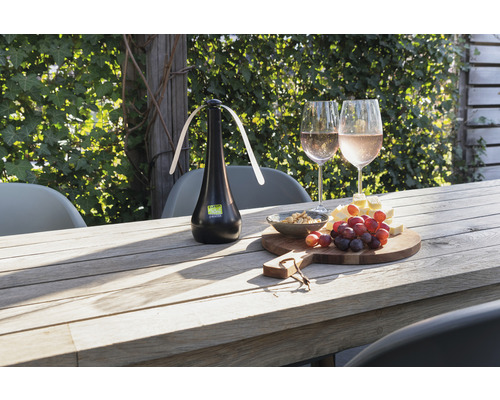 Vliegenwerende ventilator op een tafel met eten en drinken buitenshuis