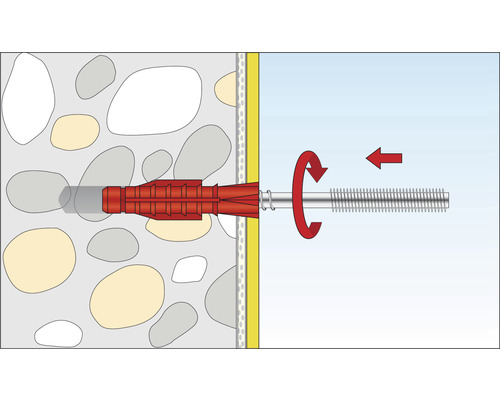 Illustratie van een plugbevestiging in een muur met schroef en draaibeweging