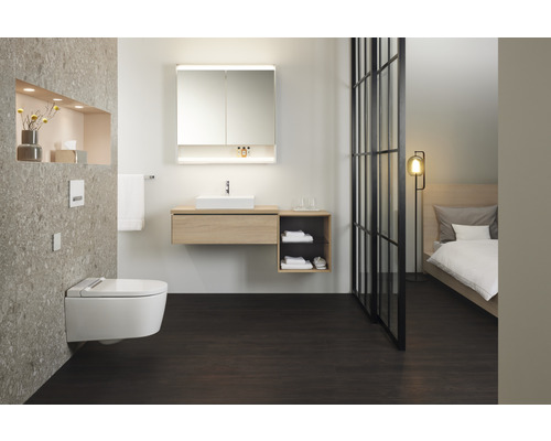 Lichte badkamer met toilet, wastafel en spiegel