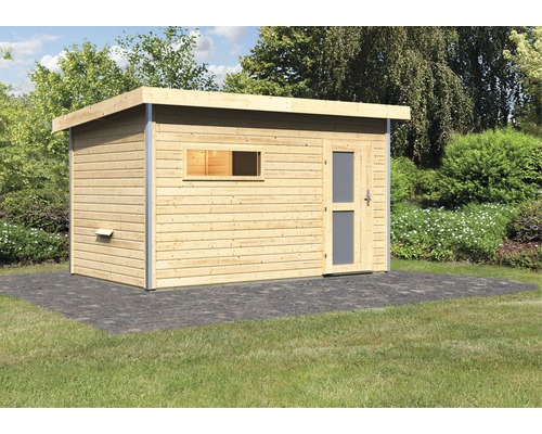 Houten tuinhuis met plat dak, raam en deur