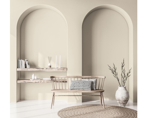 Interieur met bank, sierkussen, rond vloerkleed, planken, decoratieve objecten en plant in vaas