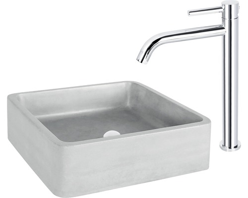 Vierkante betonnen opzetwastafel met kraan